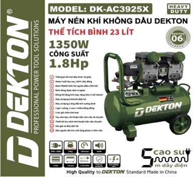 Máy Nén Khí Không Dầu Dekton DK-AC3925X 23L, Công Suất 1350W 1.8HP, Áp Lực 8Bar, Lưu Lượng 175L/Phút