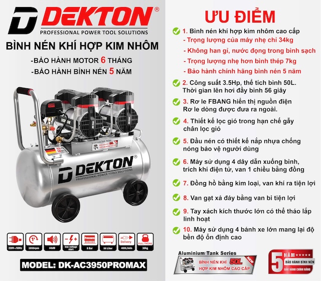 MÁY NÉN KHÍ KHÔNG DẦU 50L DEKTON DK-AC3950PROMAX - BÌNH HỢP KIM NHÔM CAO CẤP, BẢO HÀNH BÌNH NÉN 5 NĂM