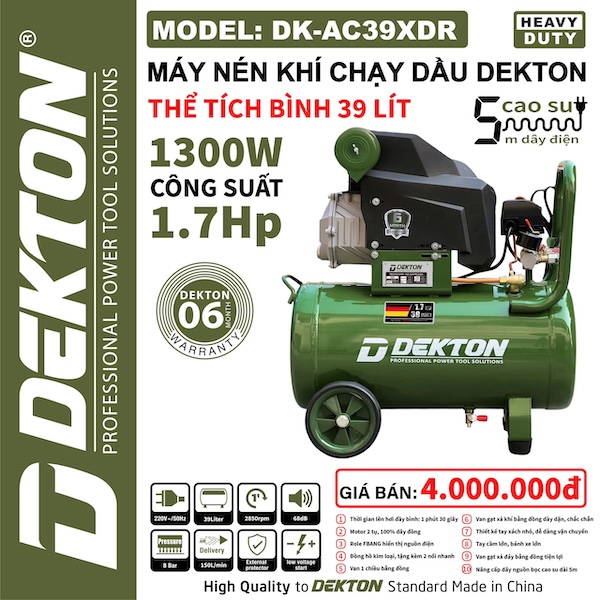 Máy Nén Khí Chạy Dầu DEKTON DK-AC39XDR, Dung Tích 39 Lít, Công Suất 1300W (1.7HP)