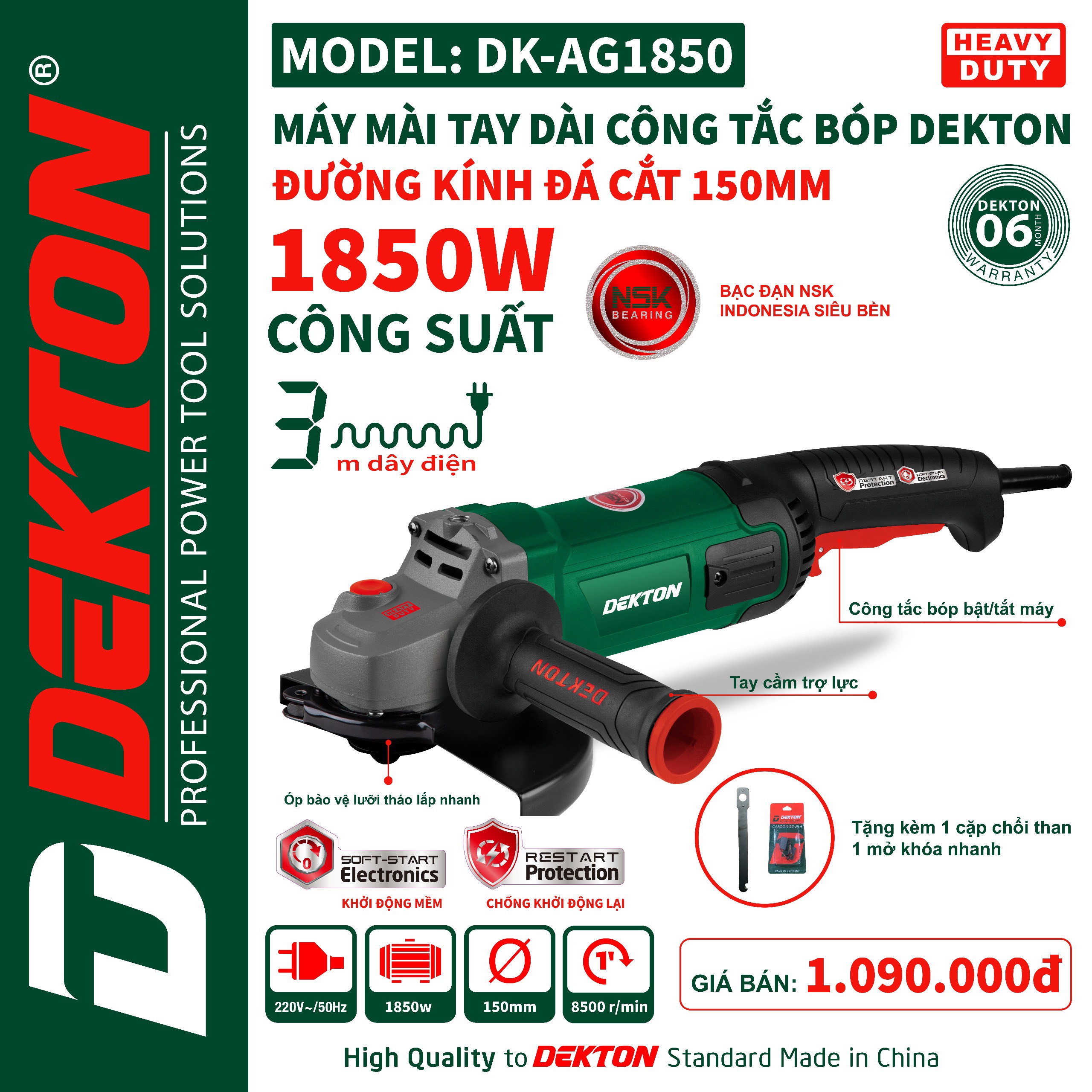DK-AG1850 Máy mài tay dài công tắc bóp 1800w đĩa 150mm DEKTON