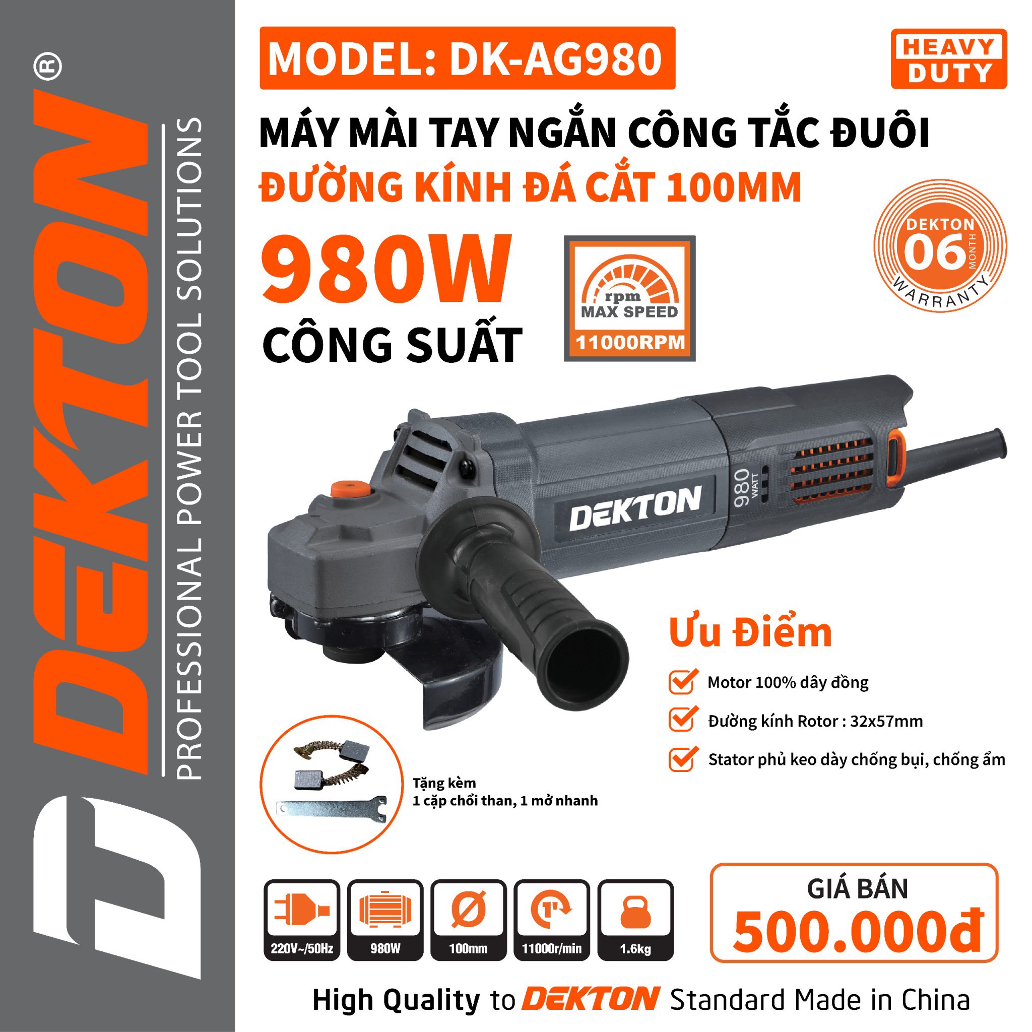 Máy mài đá cầm tay hiệu DEKTON; Model: DK-AG980, công suất: 980W