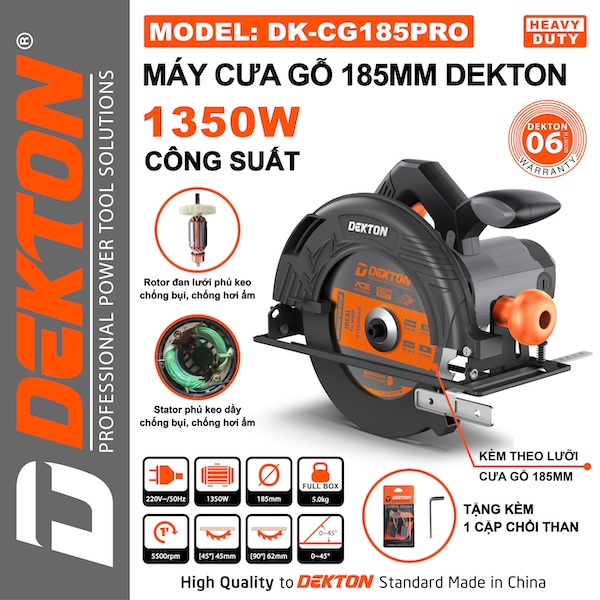 Máy Cưa Gỗ Cầm Tay Dekton DK-CG185PRO 1350W - Lưỡi 185mm, Chống Bụi và Ẩm