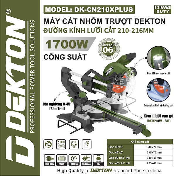 Máy Cắt Nhôm Trượt Dekton DK-CN210XPLUS (1700W) – Lưỡi 210-216mm, Có Đèn LED & Tia Định Vị