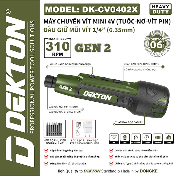 Máy Chuyên Vít Mini 4V Dekton DK-CV0402X (Gen 2) - Dò Điện Không Chạm, Sạc Type-C