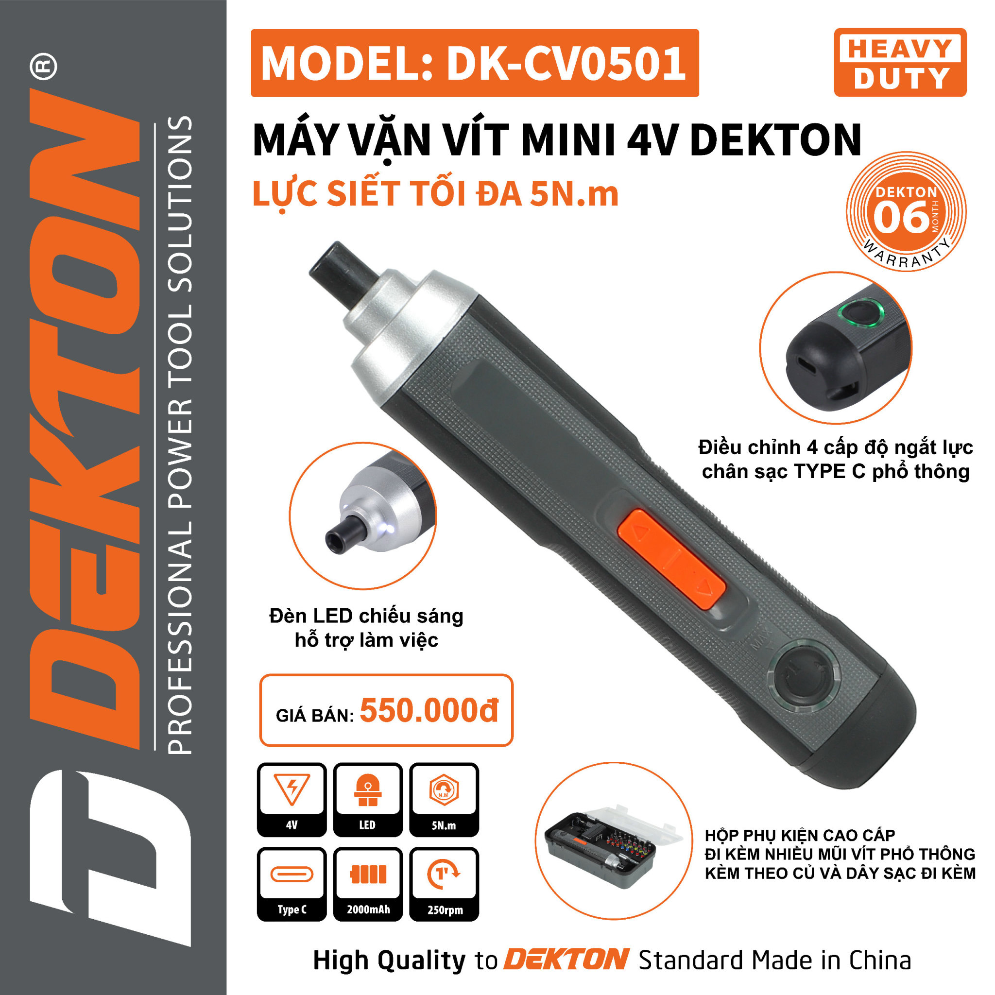 Siết Vít Dùng Pin 4V Lực 8Nm DEKTON DK-CV0501