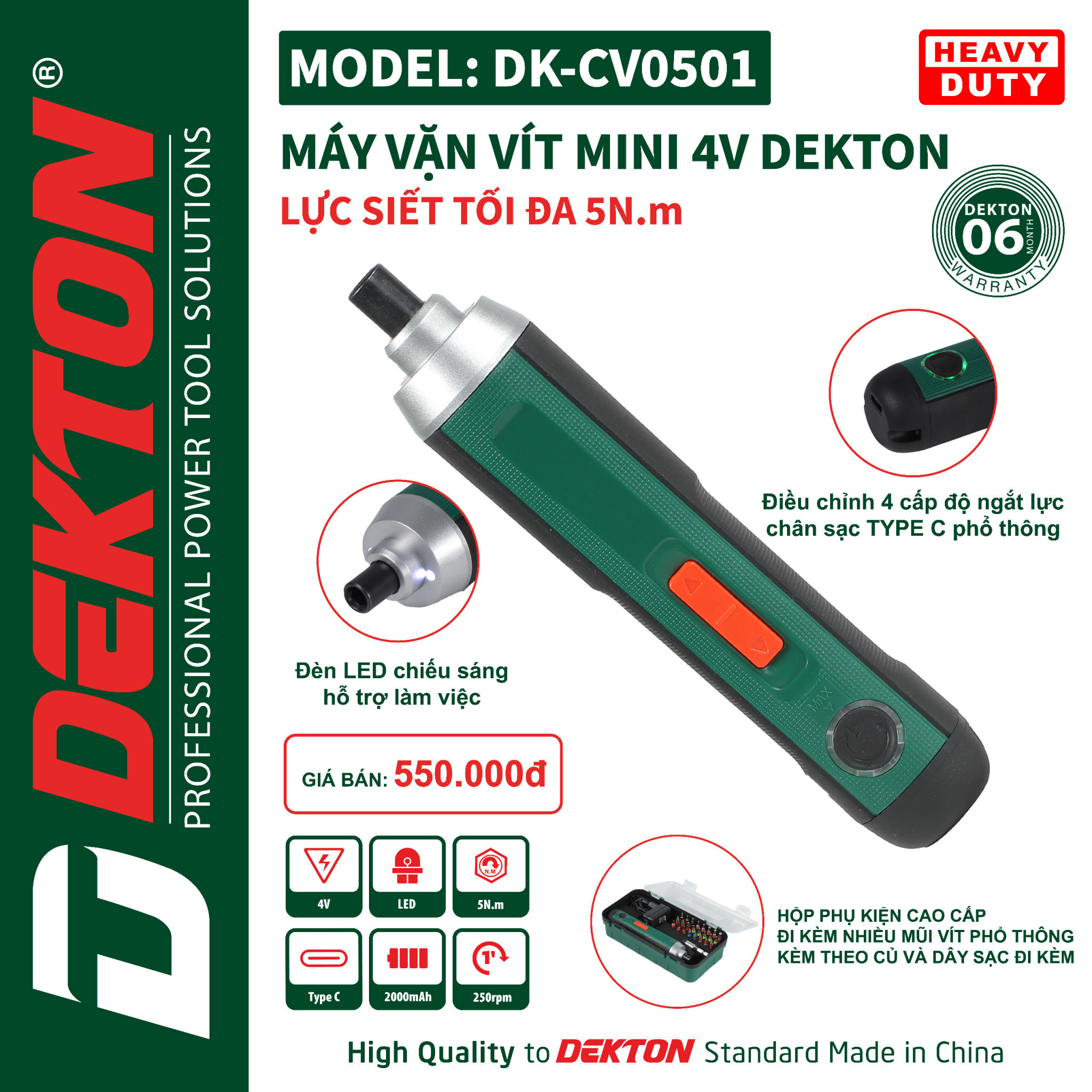 Siết Vít Dùng Pin 4V Lực 8Nm DEKTON DK-CV0501