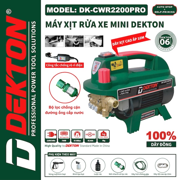 Máy Rửa Xe Mini Dekton DK-CWR2200PRO Chỉnh Áp 2200W, Motor Cảm Ứng Từ, Tự Hút Nước