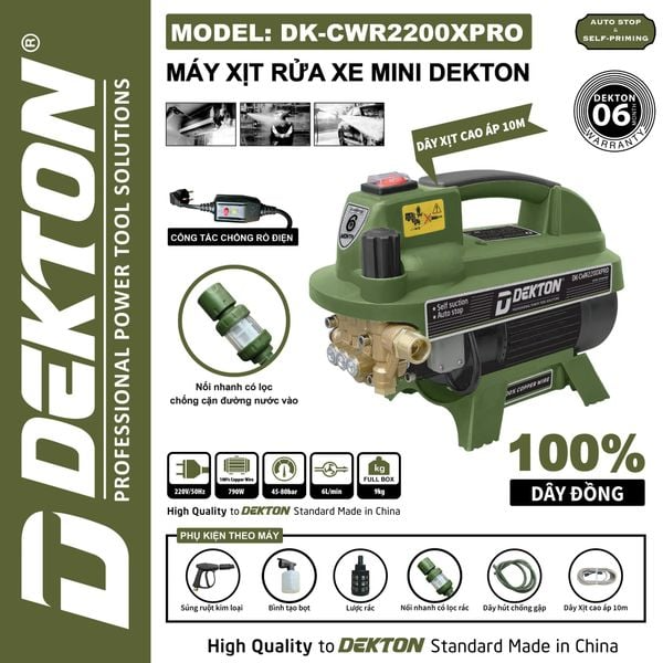 Máy Xịt Rửa Xe Mini Dekton DK-CWR2200XPRO - Công Suất 2200W, Chống Rò Điện, Tự Hút Nước