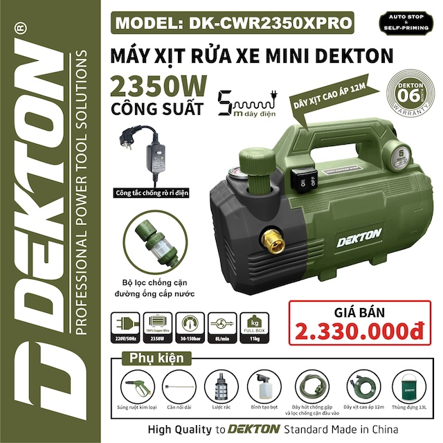 Máy Xịt Rửa Xe Áp Lực Cao DEKTON DK-CWR2350XPRO (Có Chỉnh Áp) - MÀU OLIU
