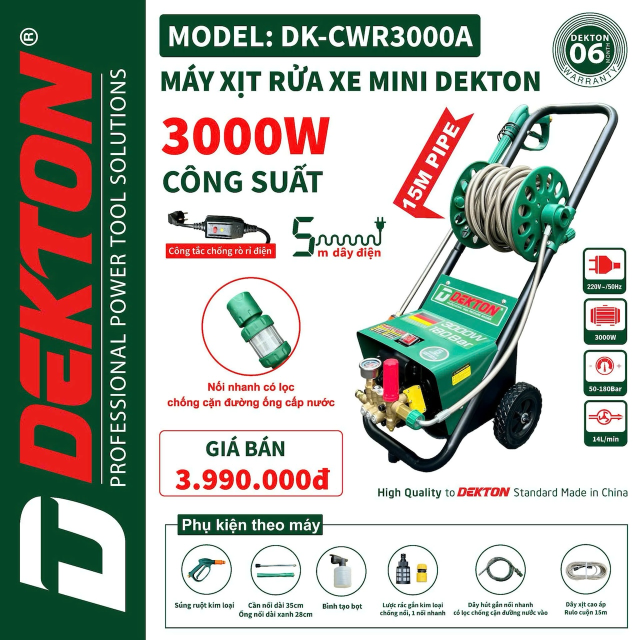 Máy Xịt Rửa Xe Áp Lực Cao 3000W Dekton DK-CWR3000A (có rulo cuộn)
