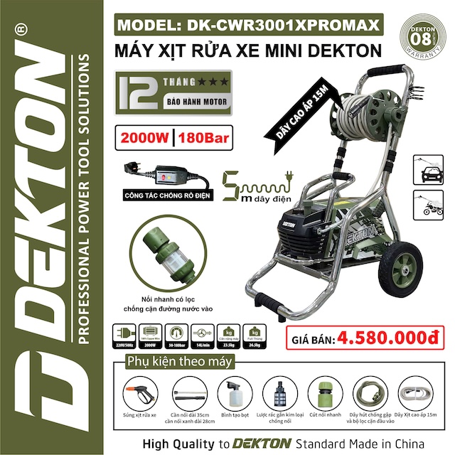 Máy xịt rửa xe (Máy phun bắn tia nước áp lực cao) hiệu DEKTON, Model: DK-CWR3001PROMAX