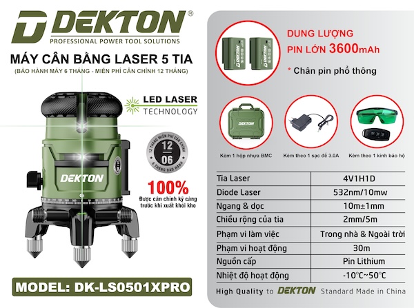 Máy Cân Bằng Laser 5 Tia Xanh Dekton DK-LS0501XPRO - Pin Lớn 3600mAh, Chân Pin Phổ Thông