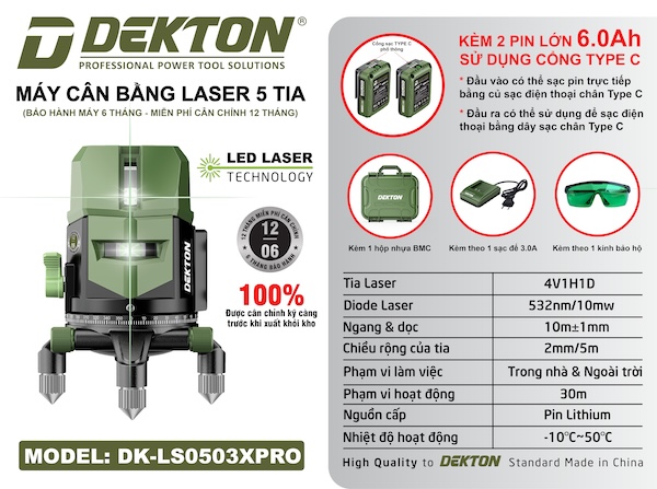 Máy Cân Bằng Laser 5 Tia Xanh Dekton DK-LS0503XPRO - Kèm 2 Pin 6.0Ah Sạc Type C