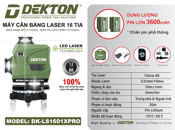 Máy Cân Bằng Laser 16 Tia Xanh Dekton  DK-LS1601XPRO - Pin Lớn 3600mAh, Kèm Remote