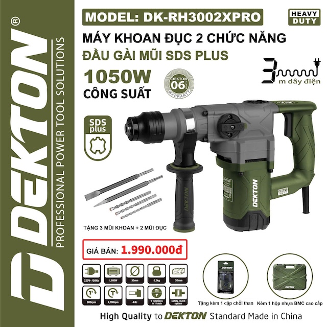 Máy khoan đục bê tông 2 chức năng 1050W Dekton DK-RH3002XPRO màu Oliu