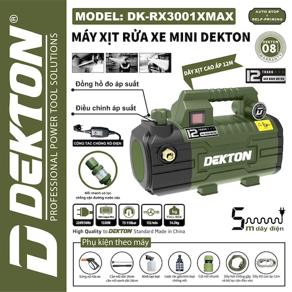 Máy Xịt Rửa Xe Mini Dekton DK-RX3001XMAX - Có Chỉnh Áp, Chống Rò Điện, Motor Cảm Ứng Từ 100% Đồng
