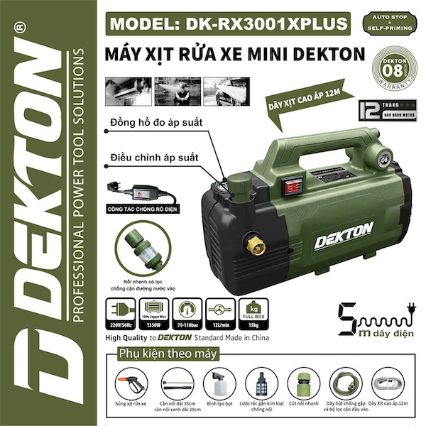 Máy Xịt Rửa Xe Mini Dekton DK-RX3001XPLUS - Có Chỉnh Áp, Motor Cảm Ứng Từ, Chuyên Rửa Xe & Vệ Sinh Máy Lạnh