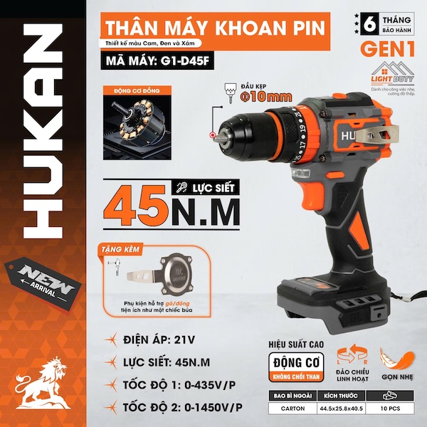 Máy Khoan Pin 21V Hukan G1-D45F | Động Cơ Không Chổi Than (Brushless) - Lực Siết 45N.m