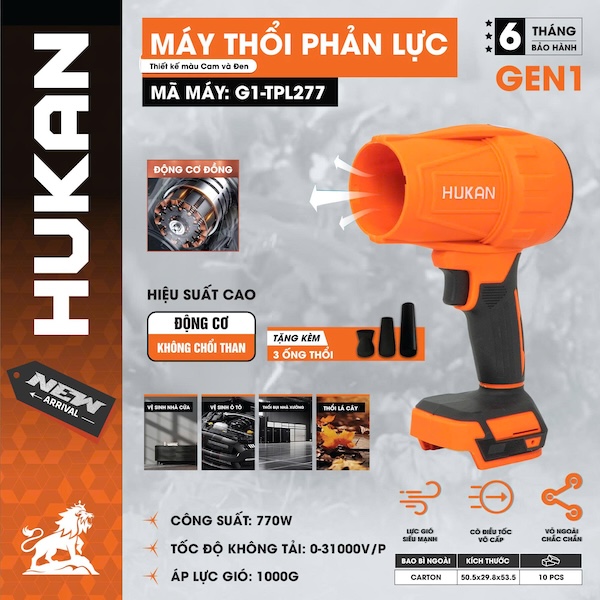 Máy Thổi Phản Lực Hukan G1-TPL277, Công Suất 770W, Động Cơ Không Chổi Than