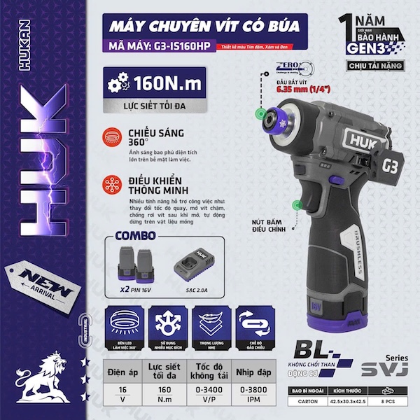 Máy Chuyên Vít Có Búa Pin 16V Hukan G3-IS160HP, Động Cơ Không Chổi Than (Brushless), Lực Siết 160Nm