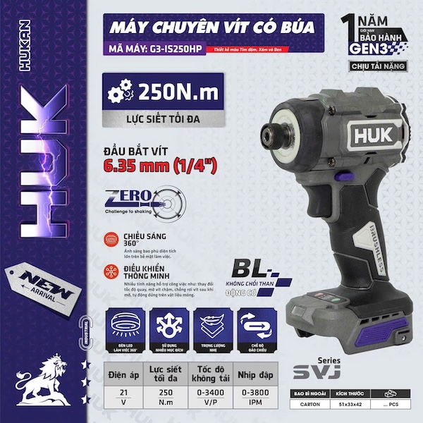 Máy Chuyên Vít Có Búa Pin 21V Hukan G3-IS250HP, Động Cơ Không Chổi Than (Brushless), Lực Siết 250Nm