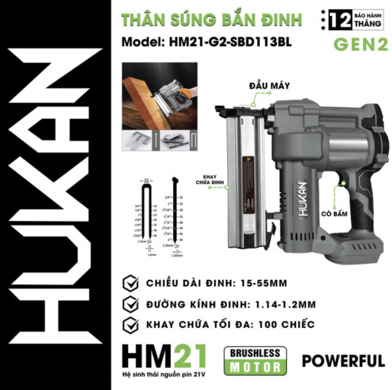 Máy Bắn Đinh Gỗ Sử Dụng Pin Hukan HM21-G2-SBD113BL