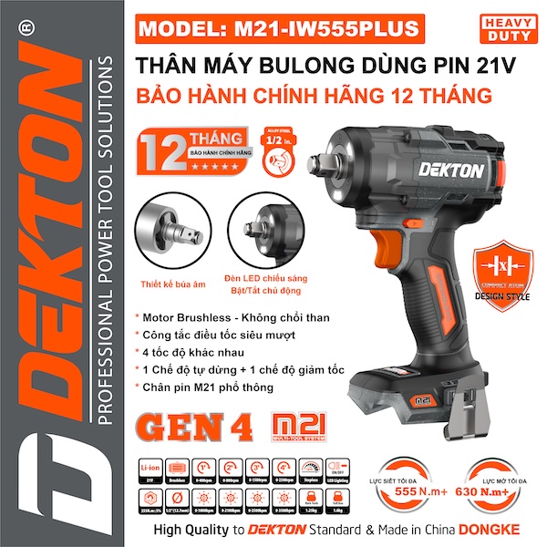 Máy Bulong Dekton M21-IW555PLUS (Gen 4), Lực Siết Tối Đa 555N.m/630N.m, Đầu 1/2 inch
