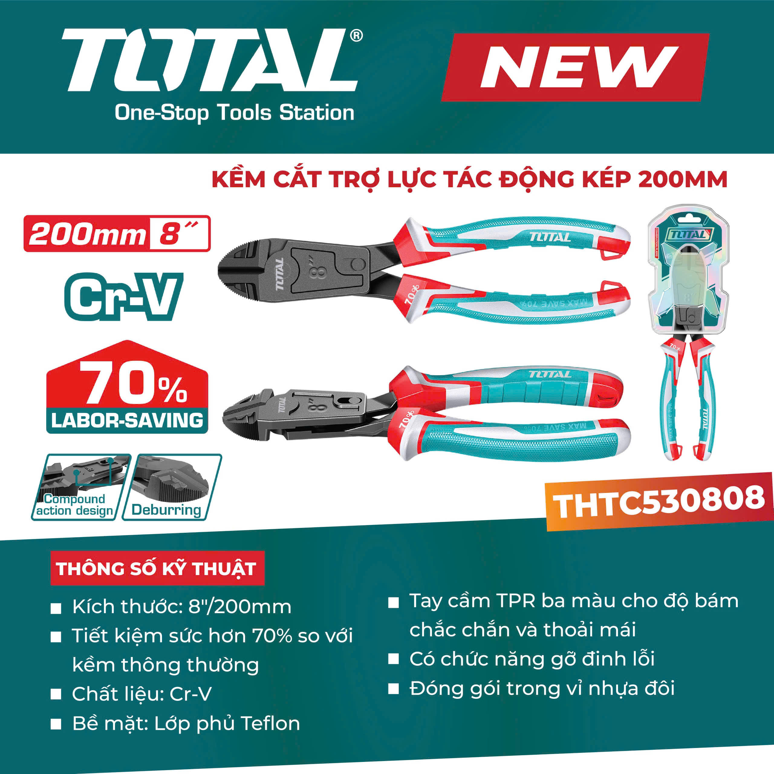 Kềm Cắt Trợ Lực Tác Động Kép 200mm Total THTC530808 – Tiết Kiệm 70% Lực (Chính Hãng)