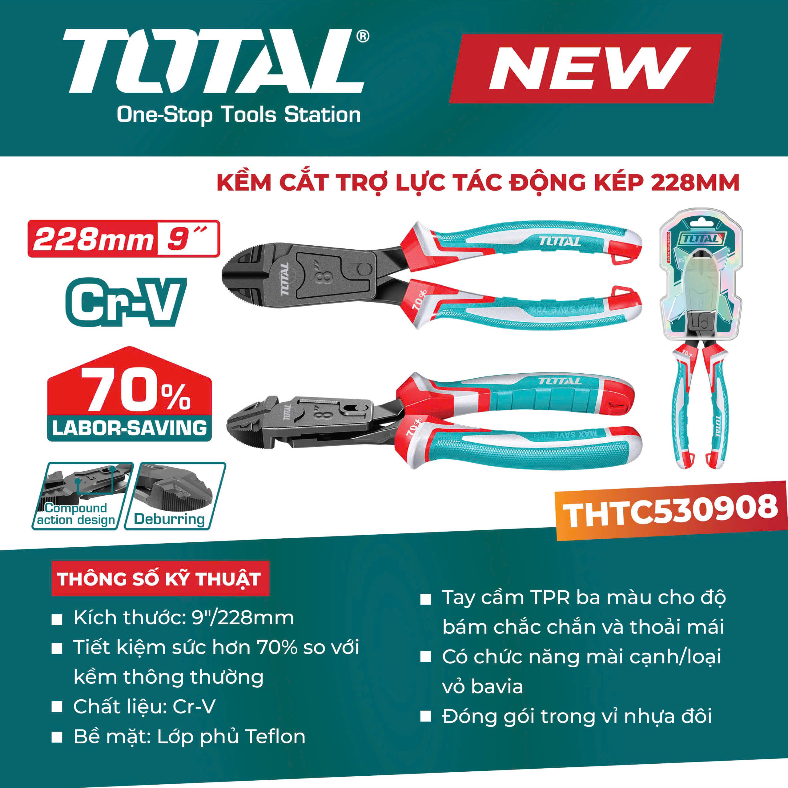 Kềm Cắt Trợ Lực Tác Động Kép 228mm Total THTC530908 – Tiết Kiệm 70% Lực (Chính Hãng)
