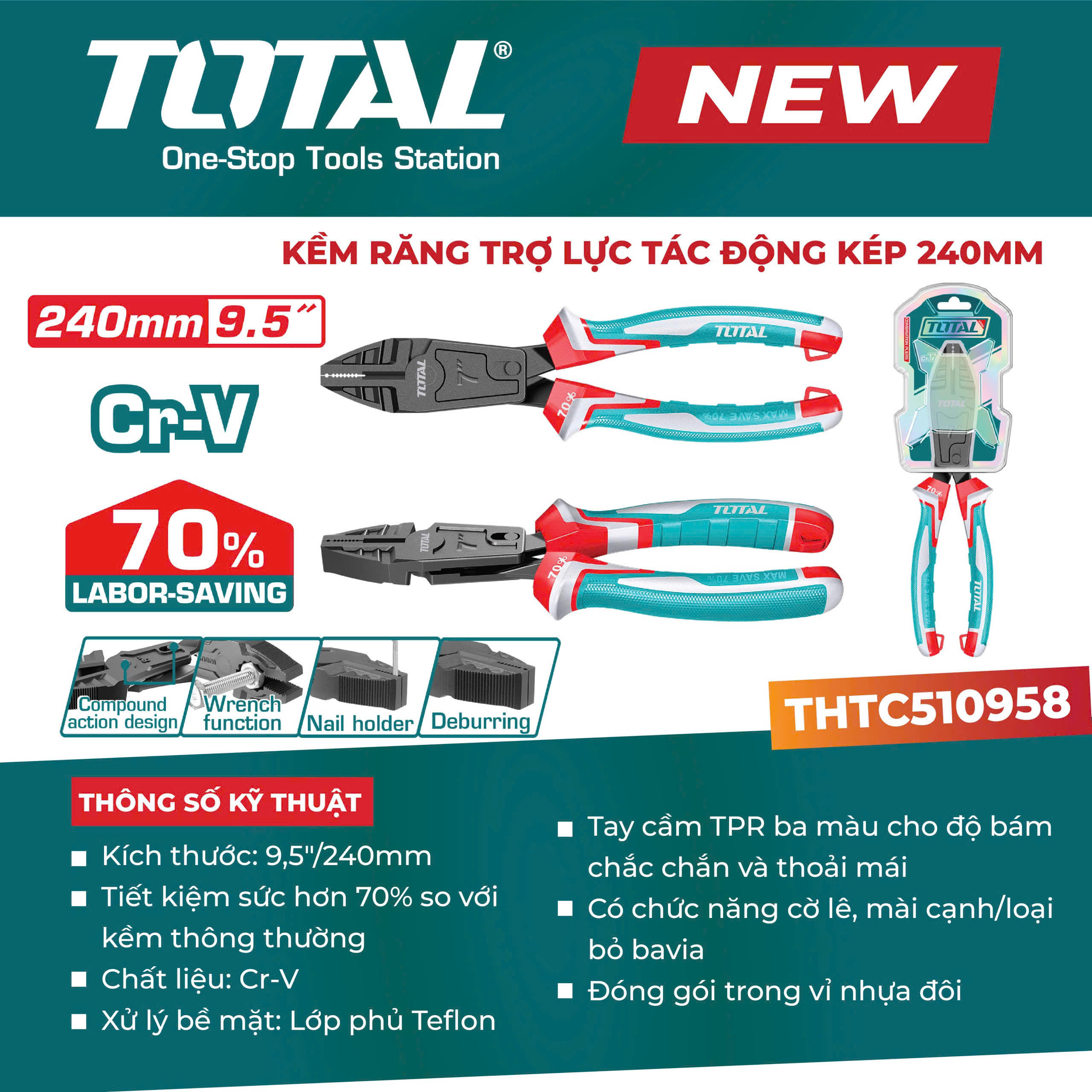 Kềm Răng Trợ Lực Tác Động Kép 240mm Total THTC510958 – Tiết Kiệm 70% Lực (Chính Hãng)