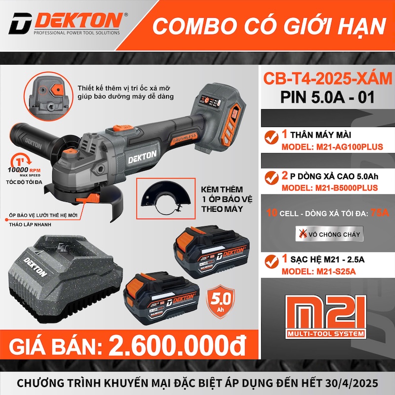 Máy mài cầm tay hoạt động bằng pin, hiệu DEKTON, Model: M21-AG100PLUS