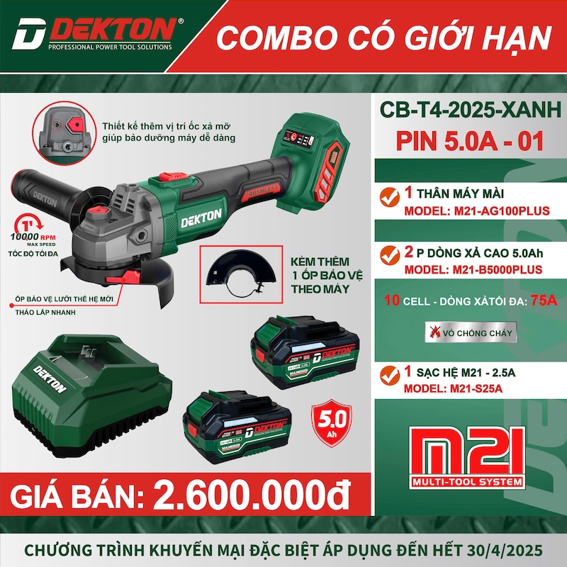 Máy mài cầm tay hoạt động bằng pin, hiệu DEKTON, Model: M21-AG100PLUS
