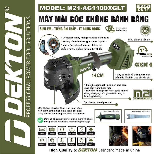 Máy Mài Góc Không Bánh Răng Dekton M21-AG1100XGLT, 21V, Lưỡi 100mm