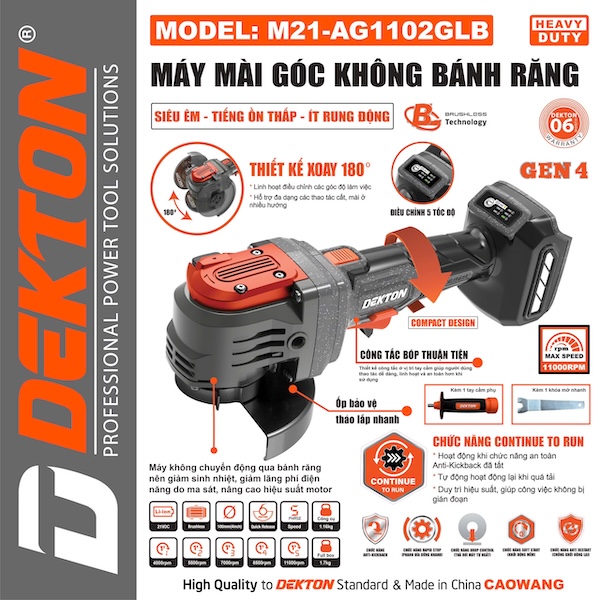 Máy Mài Góc Không Bánh Răng Dekton M21-AG1102XGLB 21V Brushless Gen 4 Điều Chỉnh 5 Tốc Độ 100mm