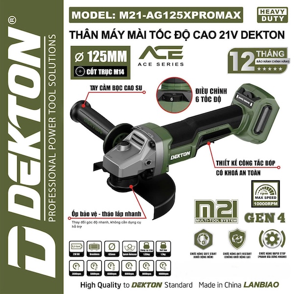 Máy Mài Góc Pin Dekton M21-AG125XPROMAX 21V 125mm Không Chổi Than, Chỉnh 6 Tốc Độ, Cốt M14