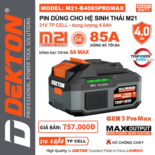 Pin DEKTON M21 Plus 21V – Dùng Cho Máy Khoan, Cắt, Siết Chân Phổ Thông hệ M21