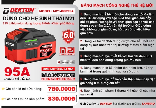 Pin DEKTON M21 Plus 21V – Dùng Cho Máy Khoan, Cắt, Siết Chân Phổ Thông hệ M21