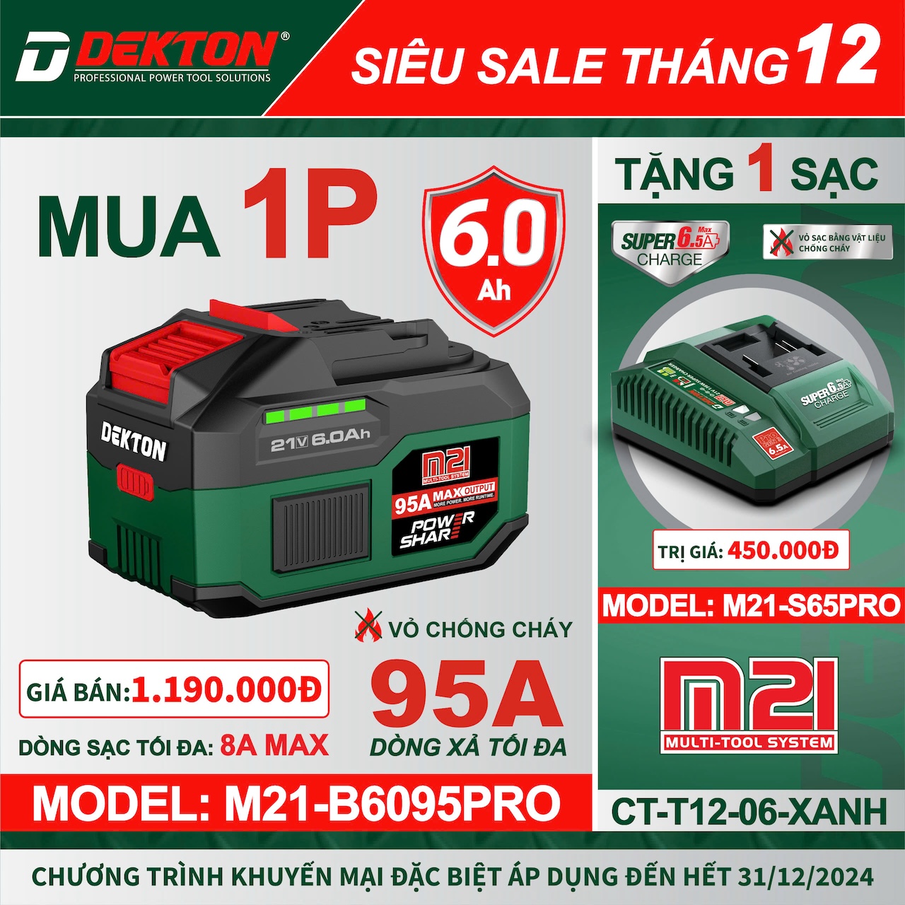 Pin Thế Hệ Mới PROMAX Chân Phổ Thông DEKTON 21V