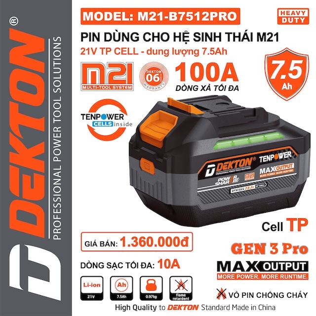 Pin DEKTON M21 Plus 21V – Dùng Cho Máy Khoan, Cắt, Siết Chân Phổ Thông hệ M21