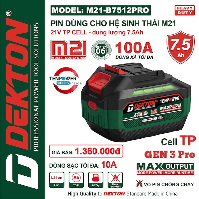 Pin DEKTON M21 Plus 21V – Dùng Cho Máy Khoan, Cắt, Siết Chân Phổ Thông hệ M21