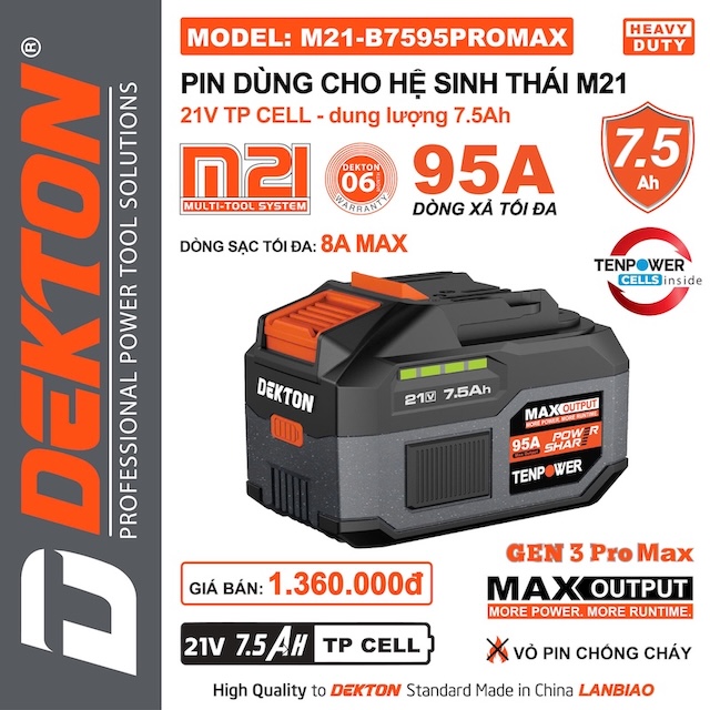 Pin DEKTON M21 Plus 21V – Dùng Cho Máy Khoan, Cắt, Siết Chân Phổ Thông hệ M21