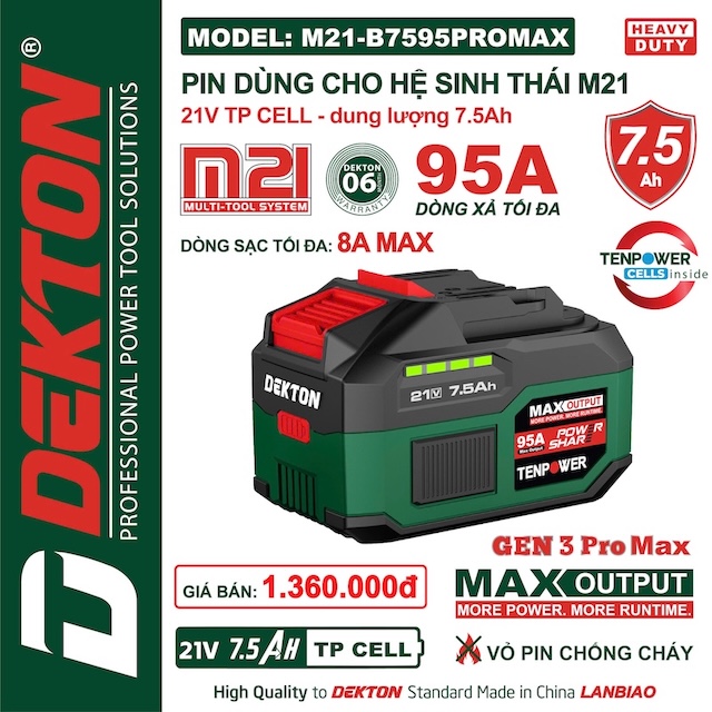Pin DEKTON M21 Plus 21V – Dùng Cho Máy Khoan, Cắt, Siết Chân Phổ Thông hệ M21