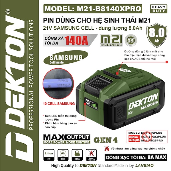 Pin Dekton 21V 8.0Ah M21-B8140PRO – Cell Samsung Cao Cấp, Dòng Xả 140A Siêu Mạnh