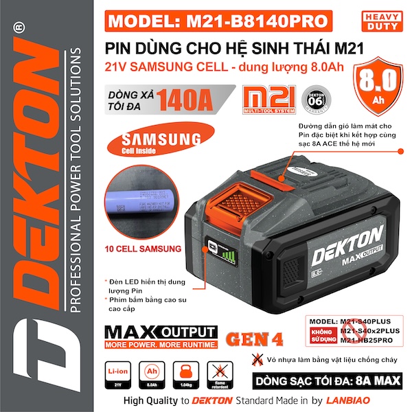 Pin Dekton 21V 8.0Ah M21-B8140PRO – Cell Samsung Cao Cấp, Dòng Xả 140A Siêu Mạnh