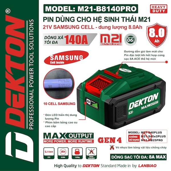 Pin Dekton 21V 8.0Ah M21-B8140PRO – Cell Samsung Cao Cấp, Dòng Xả 140A Siêu Mạnh