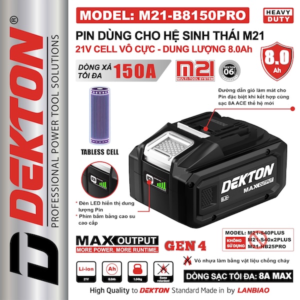 Pin Dekton M21-B8150PRO 21V 8.0Ah Gen 4 Cell Tabless Dòng Xả 150A Pin Lithium Hệ M21 Chính Hãng