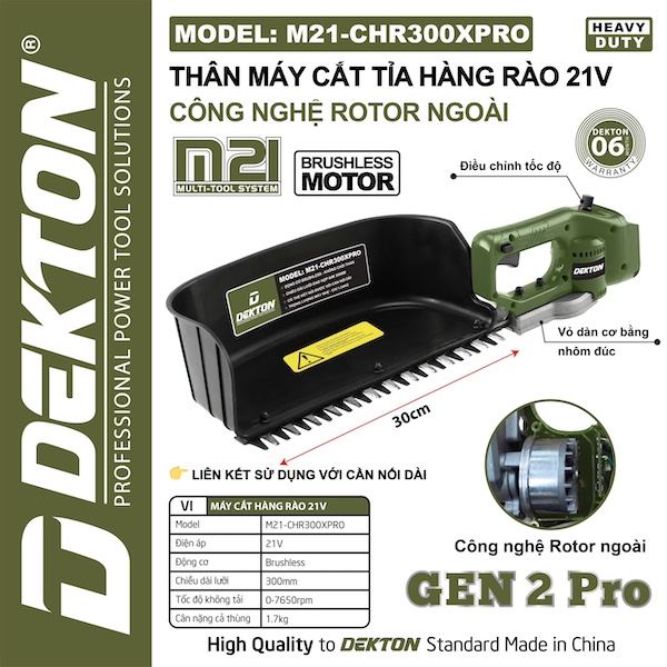 Máy Cắt Tỉa Hàng Rào Pin 21V Dekton M21-CHR300XPRO | Động Cơ Brushless - Có Thể Kết Nối Cần Dài