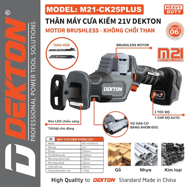 Máy Cưa Kiếm Dùng Pin DEKTON 21V M21-CK25XPLUS Không Chổi Than (3 Tốc Độ, Cắt Gỗ/Kim Loại)