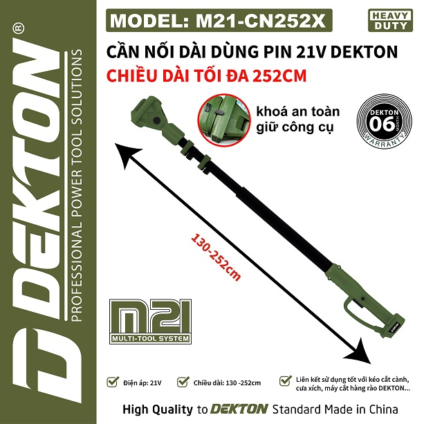 Cần Nối Dài Pin Dekton M21-CN252 21V, Chiều Dài 130–252cm, Dùng Cho Kéo Cắt Cành, Cưa Xích, Máy Cắt Hàng Rào M21