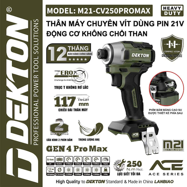 [ACE series]Máy Chuyên Vít Dekton M21-CV250PROMAX 21V, Lực Siết 250Nm, Motor Brushless, 4 Cấp Tốc Độ, Gen 4 ProMax